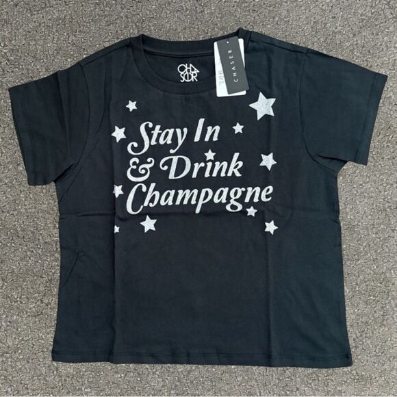 Chaser Black Short Sleeve Tee Stay In & Drink Champagne Graphic T-Shirt Small - Picture 1 of 9